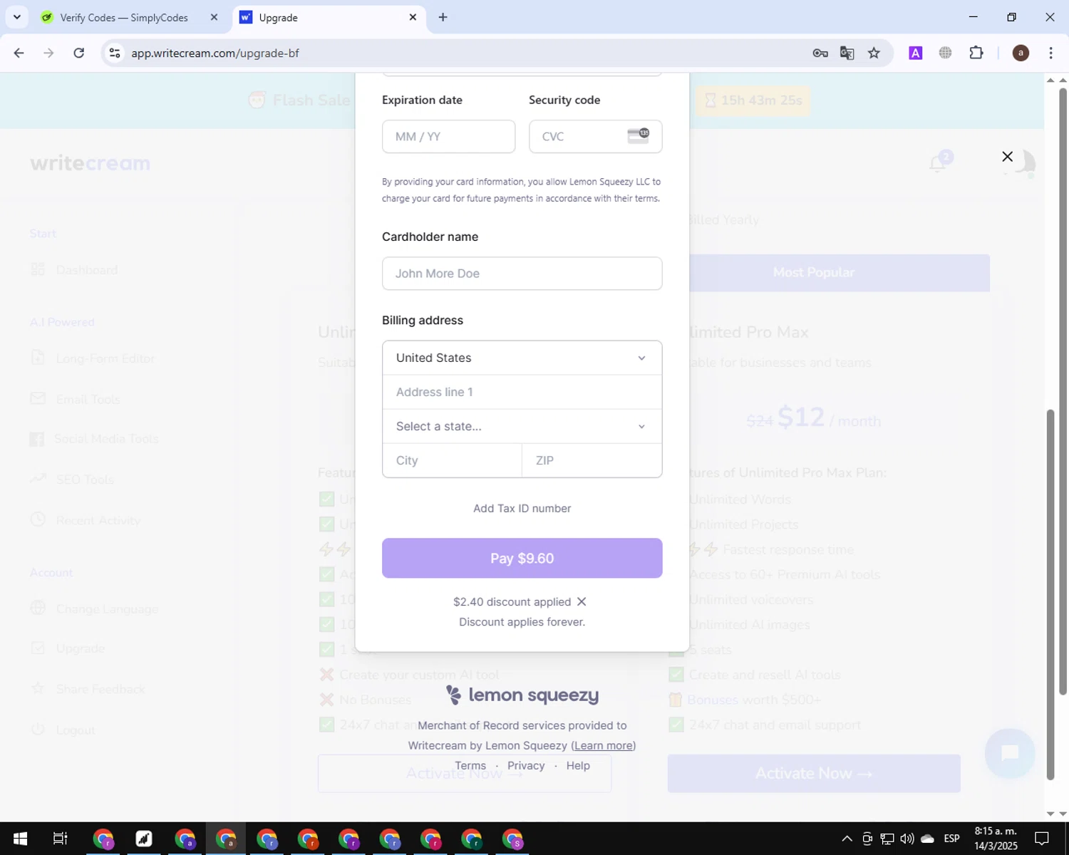 Writecream promo code screenshot showing code BF20 applied at Writecream checkout page. Uploaded by SimplyCodes community member BonusGuardian1649 on Mar 14, 2025