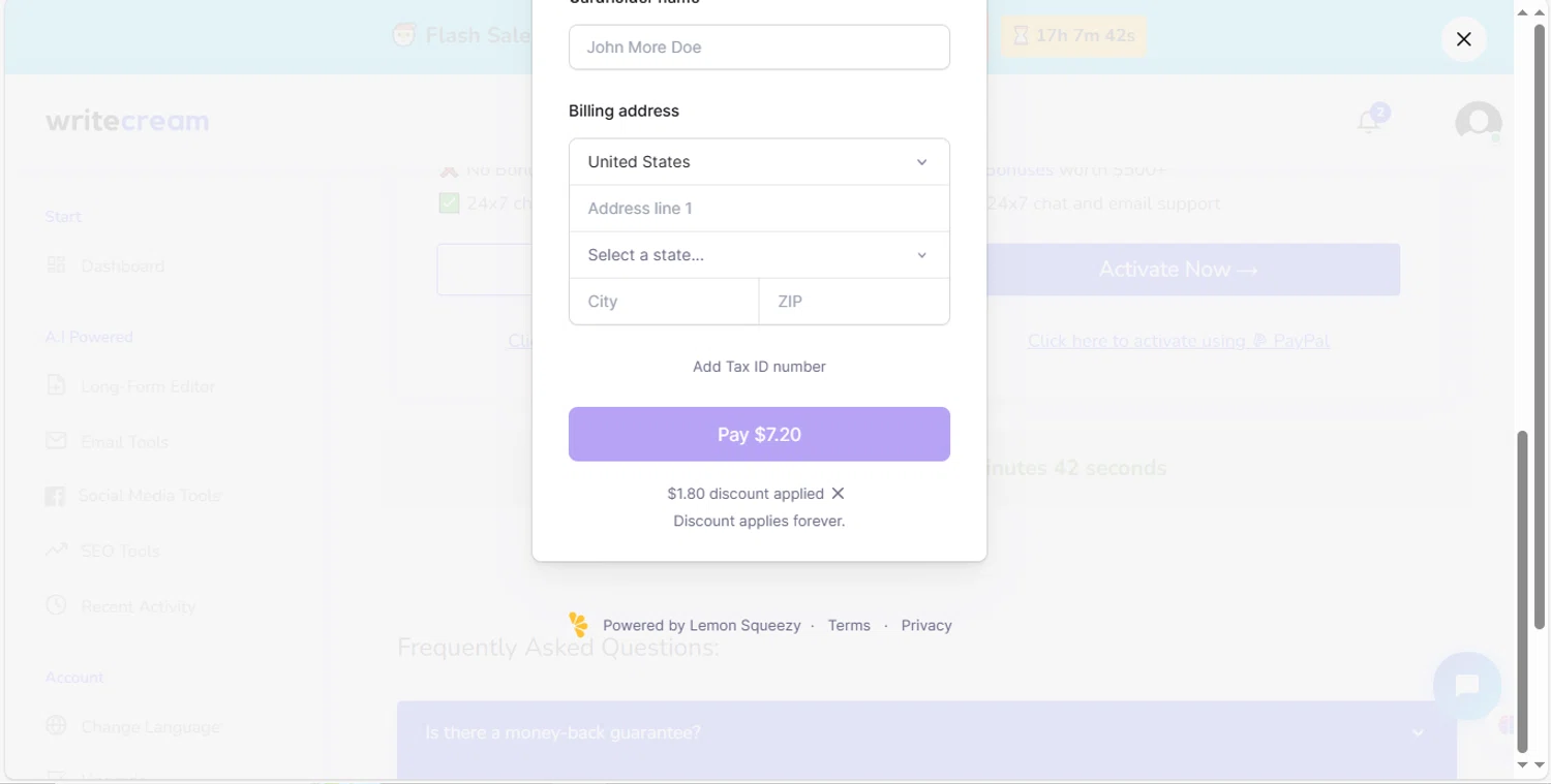 Writecream promo code screenshot showing code BF20 applied at Writecream checkout page. Uploaded by SimplyCodes community member MagnificentVirtuoso8433 on Apr 12, 2025
