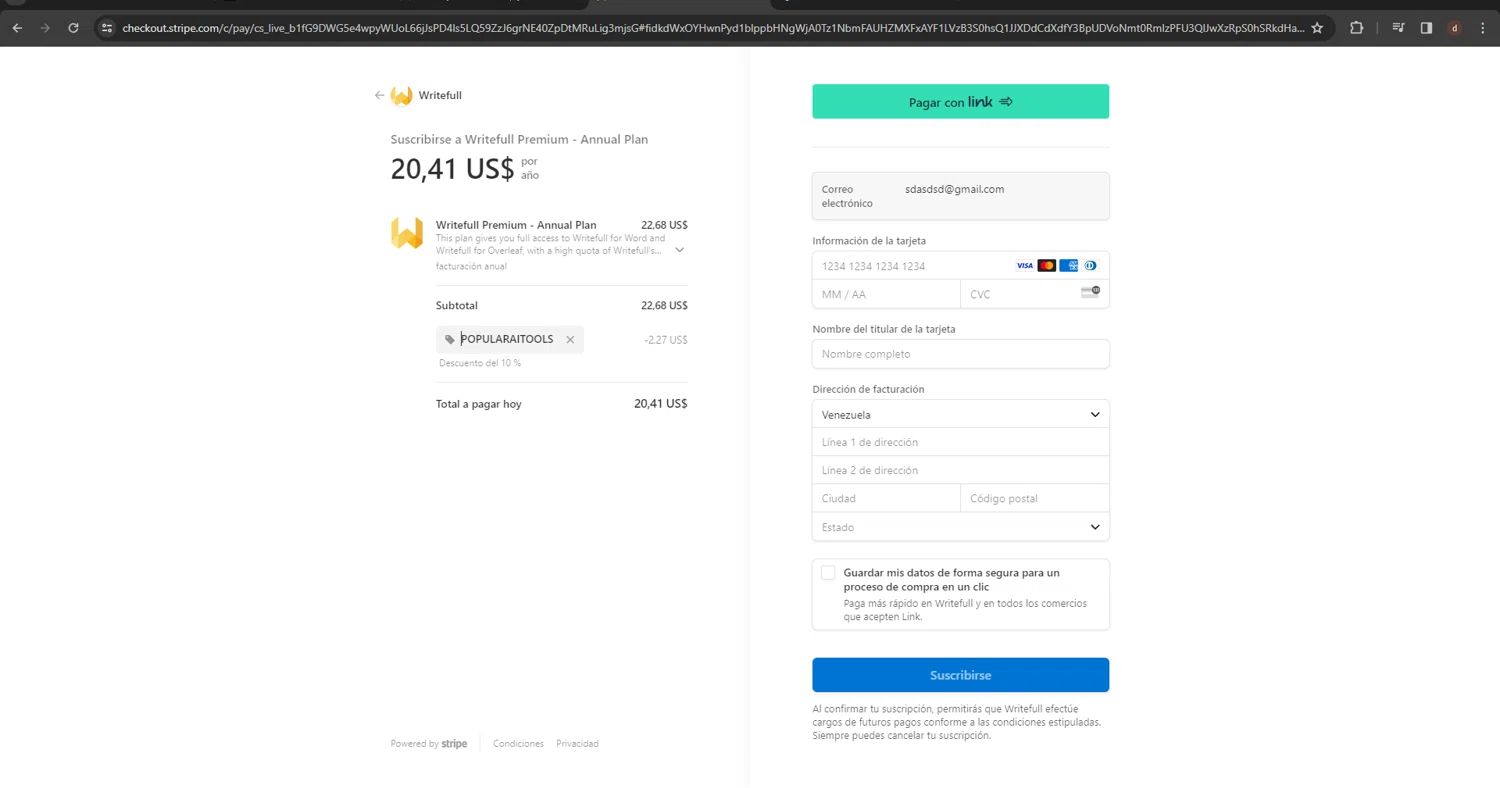 Writefull checkout page showing Writefull promo code box | Screenshot taken by SimplyCodes community member on Jan 21, 2024