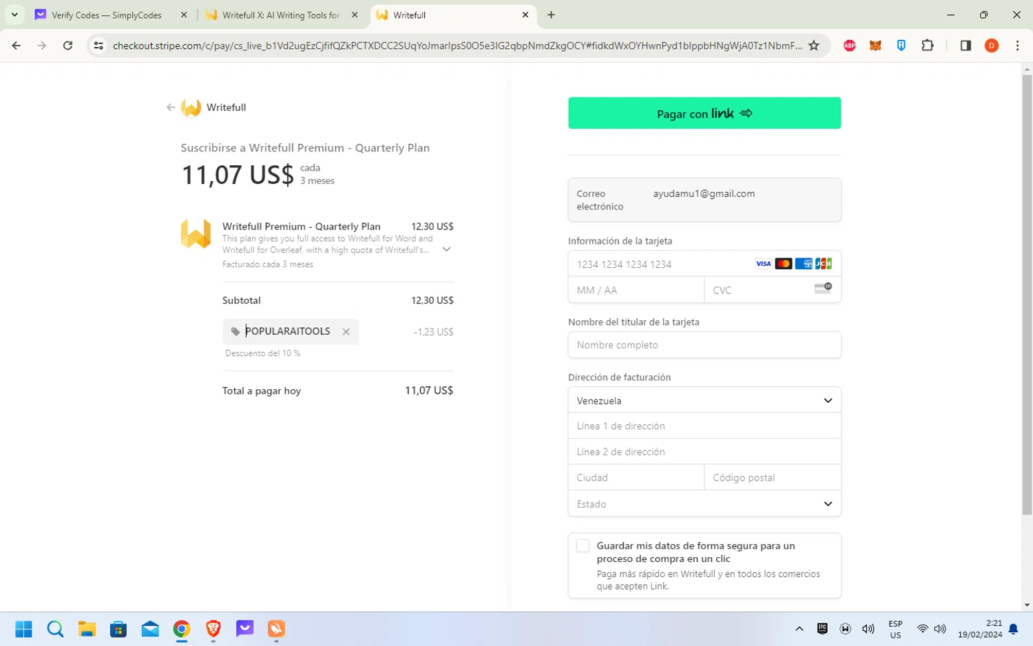 Writefull checkout page showing Writefull promo code box | Screenshot taken by SimplyCodes community member on Feb 19, 2024