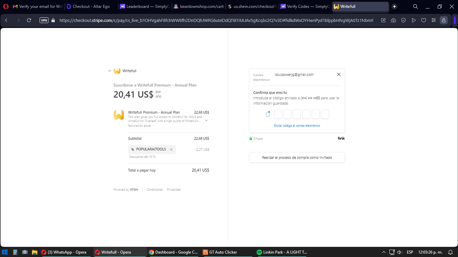 Writefull checkout page showing Writefull promo code box | Screenshot taken by SimplyCodes community member on Jan 1, 2024