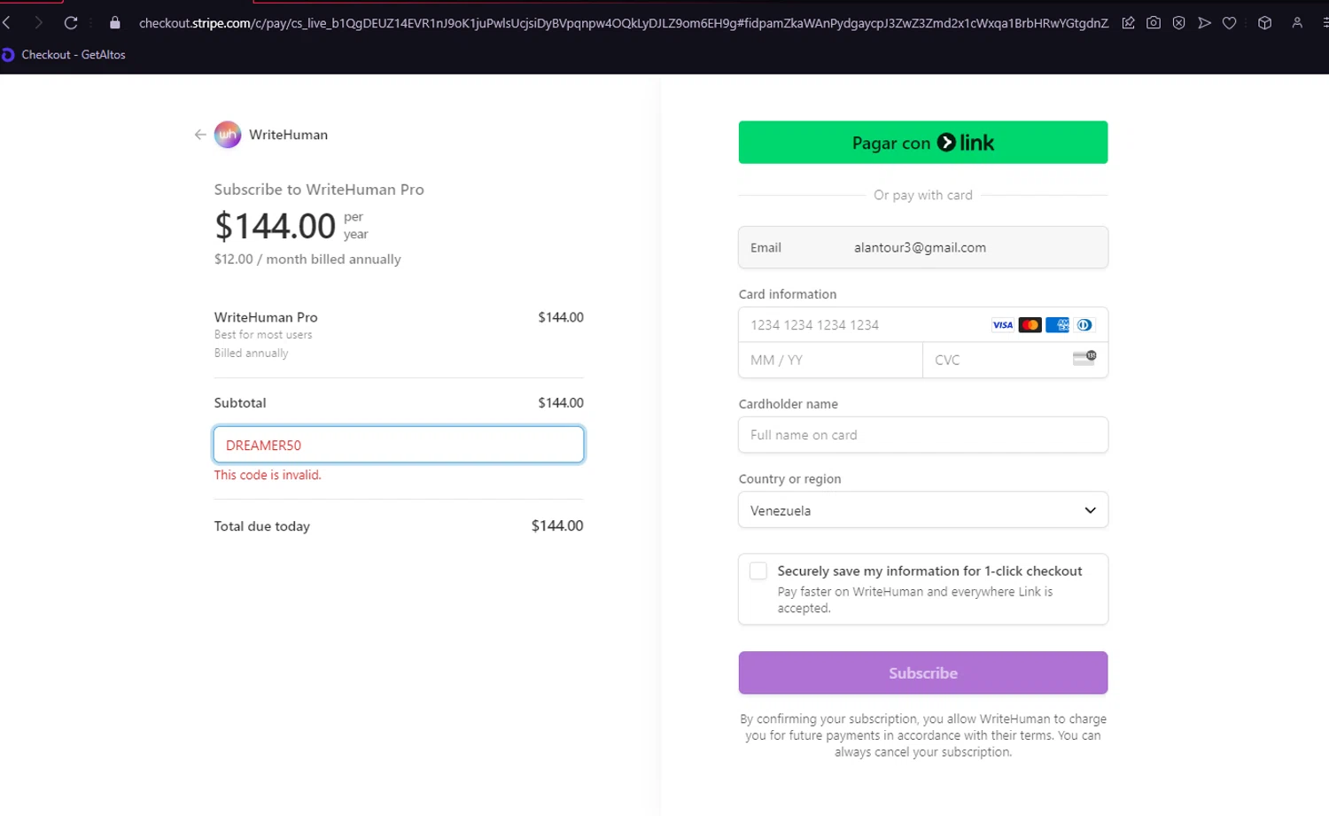 WriteHuman promo code screenshot showing code DREAMER50 applied at WriteHuman checkout page. Uploaded by SimplyCodes community member BitPay on Jan 7, 2025