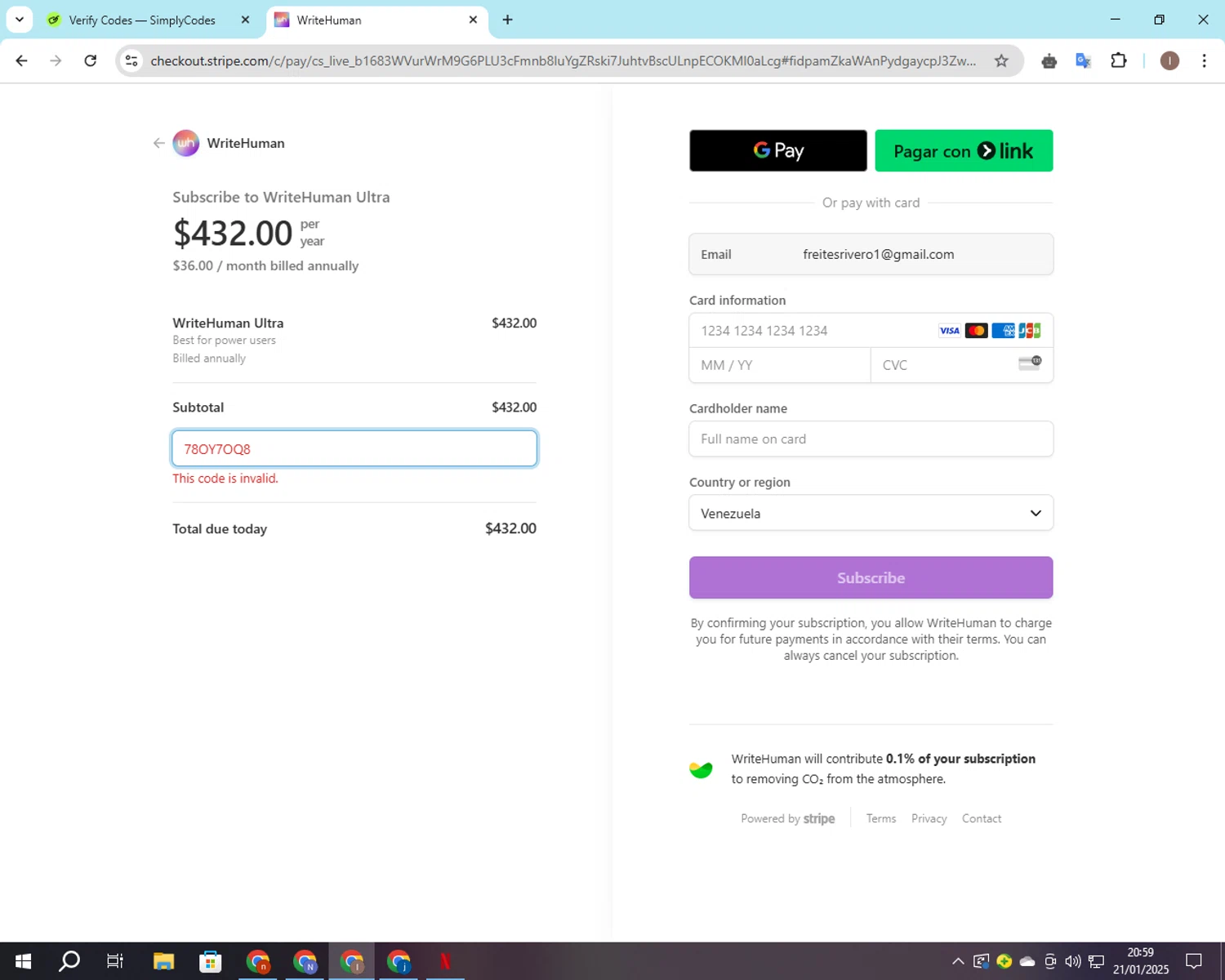 WriteHuman promo code screenshot showing code DREAMER50 applied at WriteHuman checkout page. Uploaded by SimplyCodes community member CashSleuth106 on Jan 22, 2025