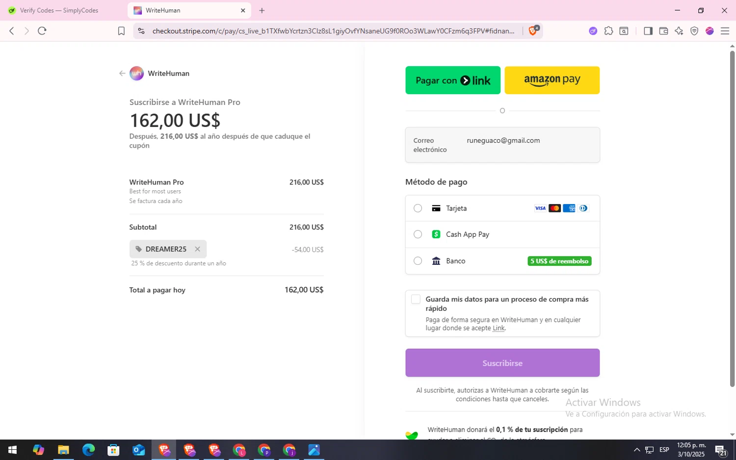 WriteHuman promo code screenshot showing code DREAMER25 applied at WriteHuman checkout page. Uploaded by SimplyCodes community member CodeLynx5272 on Oct 3, 2025