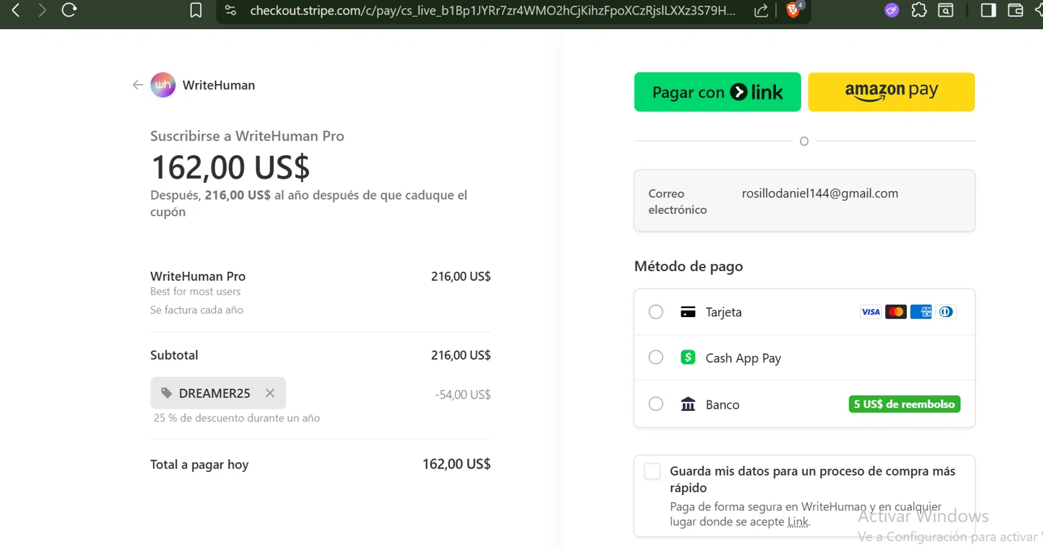 WriteHuman promo code screenshot showing code DREAMER25 applied at WriteHuman checkout page. Uploaded by SimplyCodes community member SwiftLynx6587 on Sep 4, 2025