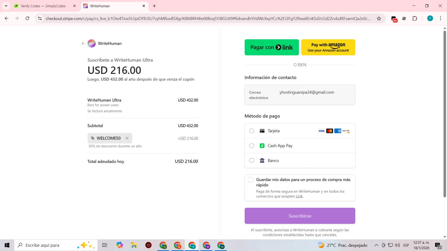WriteHuman checkout page showing WriteHuman promo code box | Screenshot taken by SimplyCodes community member on Jan 18, 2026
