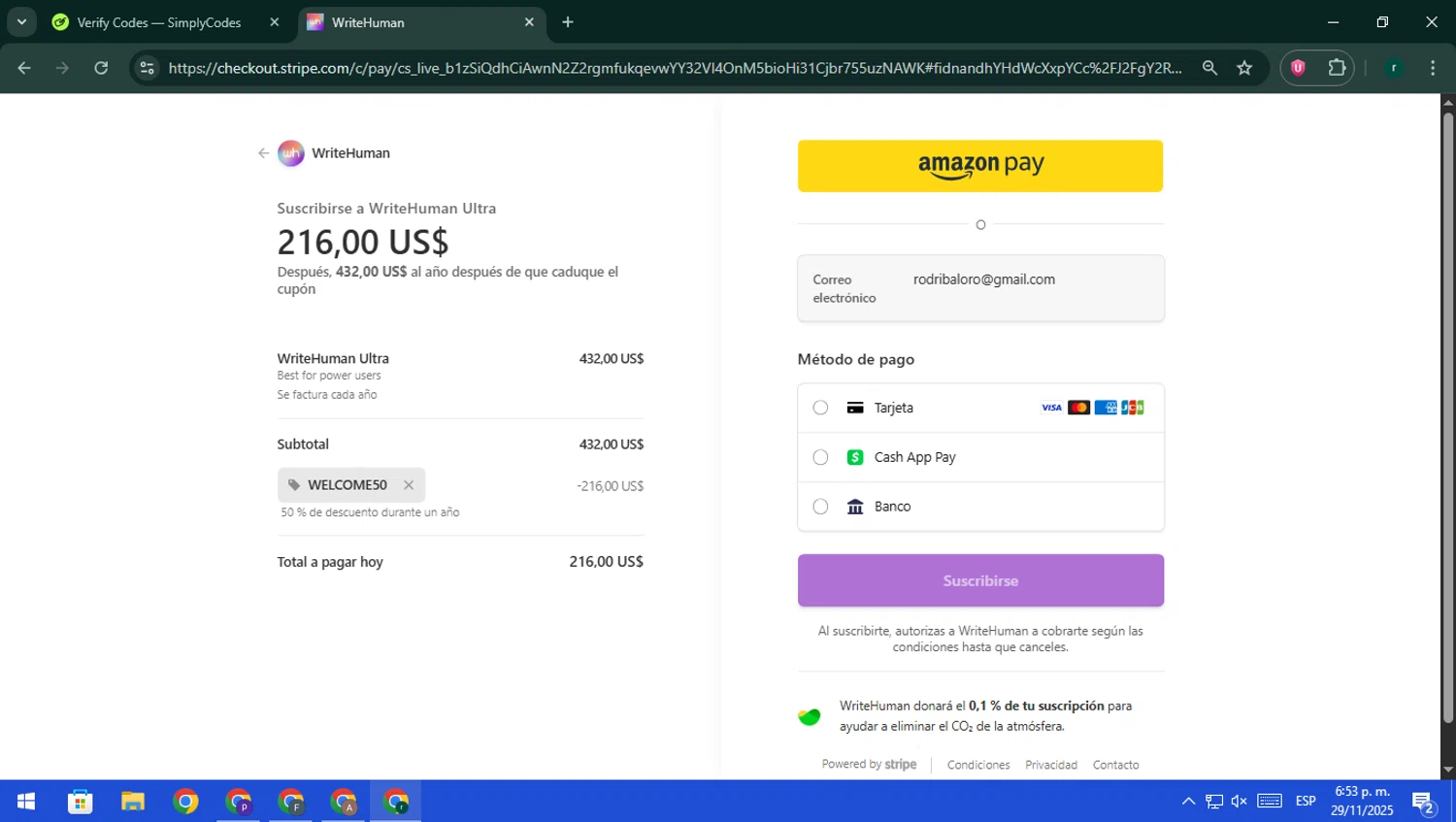 WriteHuman promo code screenshot showing code WELCOME50 applied at WriteHuman checkout page. Uploaded by SimplyCodes community member rodri1 on Nov 29, 2025