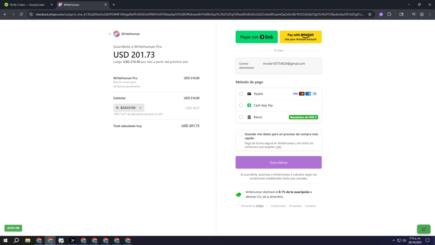 WriteHuman promo code screenshot showing code B2AV2Y0X applied at WriteHuman checkout page. Uploaded by SimplyCodes community member aaaaaaaaaaaaaaaa on Oct 20, 2025