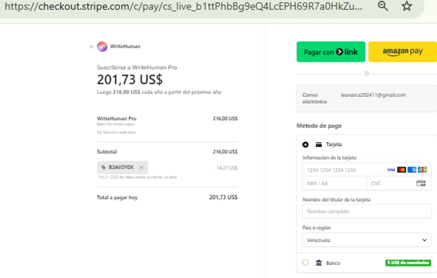 WriteHuman promo code screenshot showing code B2AV2Y0X applied at WriteHuman checkout page. Uploaded by SimplyCodes community member RewardFinder4836 on Oct 20, 2025