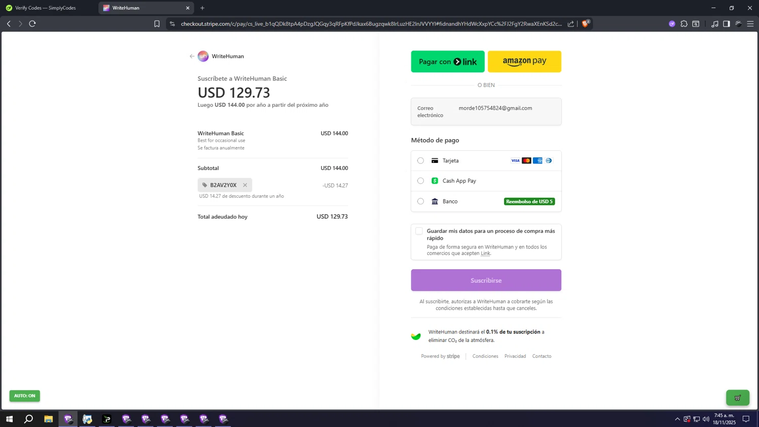 WriteHuman promo code screenshot showing code B2AV2Y0X applied at WriteHuman checkout page. Uploaded by SimplyCodes community member aaaaaaaaaaaaaaaa on Nov 18, 2025