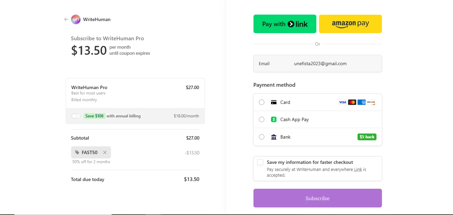WriteHuman promo code screenshot showing code FAST50 applied at WriteHuman checkout page. Uploaded by SimplyCodes community member juanisaac on Oct 5, 2025