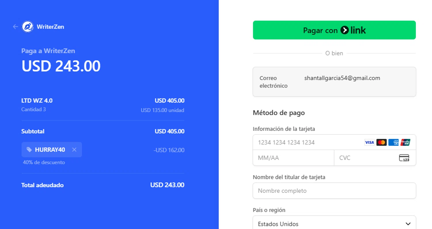 WriterZEN promo code screenshot showing code HURRAY40 applied at WriterZEN checkout page. Uploaded by SimplyCodes community member leiraM on Sep 9, 2025