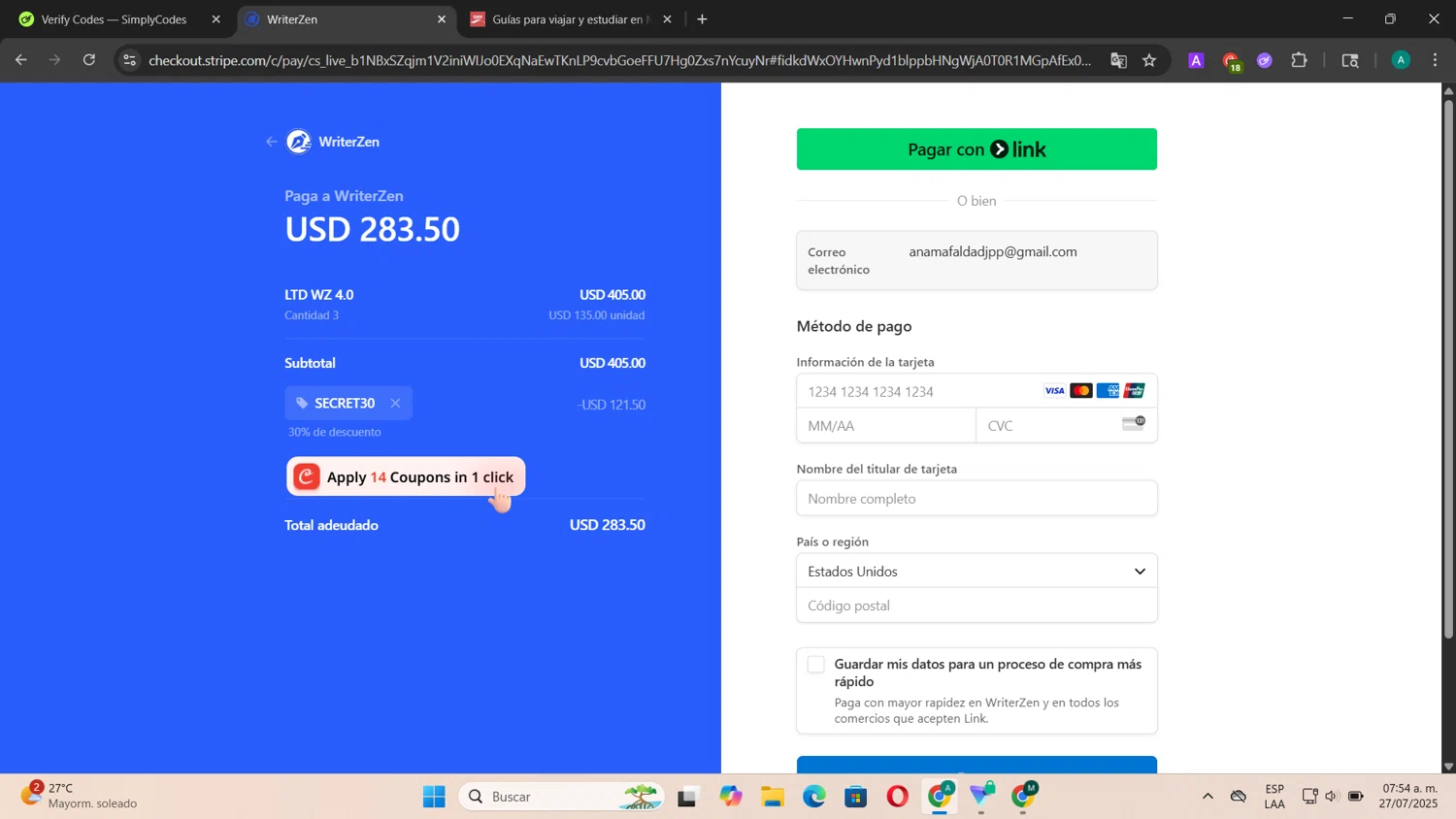 WriterZEN checkout page showing WriterZEN promo code box | Screenshot taken by SimplyCodes community member on Jul 27, 2025