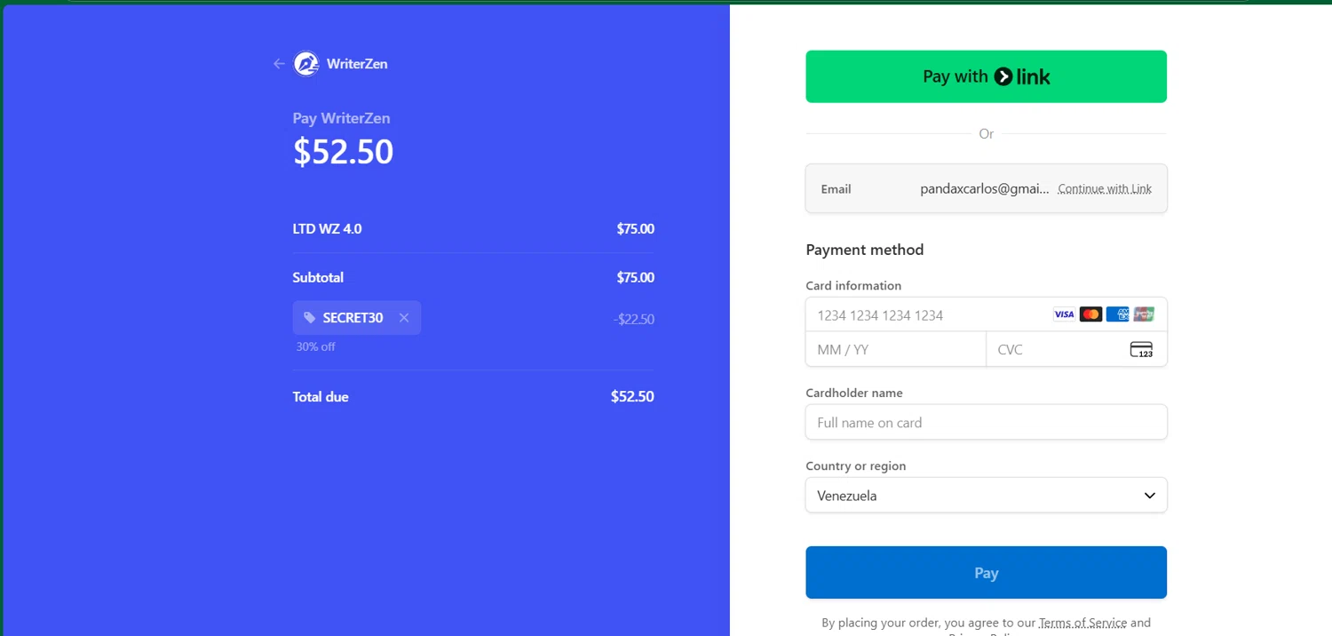 WriterZEN promo code screenshot showing code SECRET30 applied at WriterZEN checkout page. Uploaded by SimplyCodes community member chepipro on Oct 22, 2025