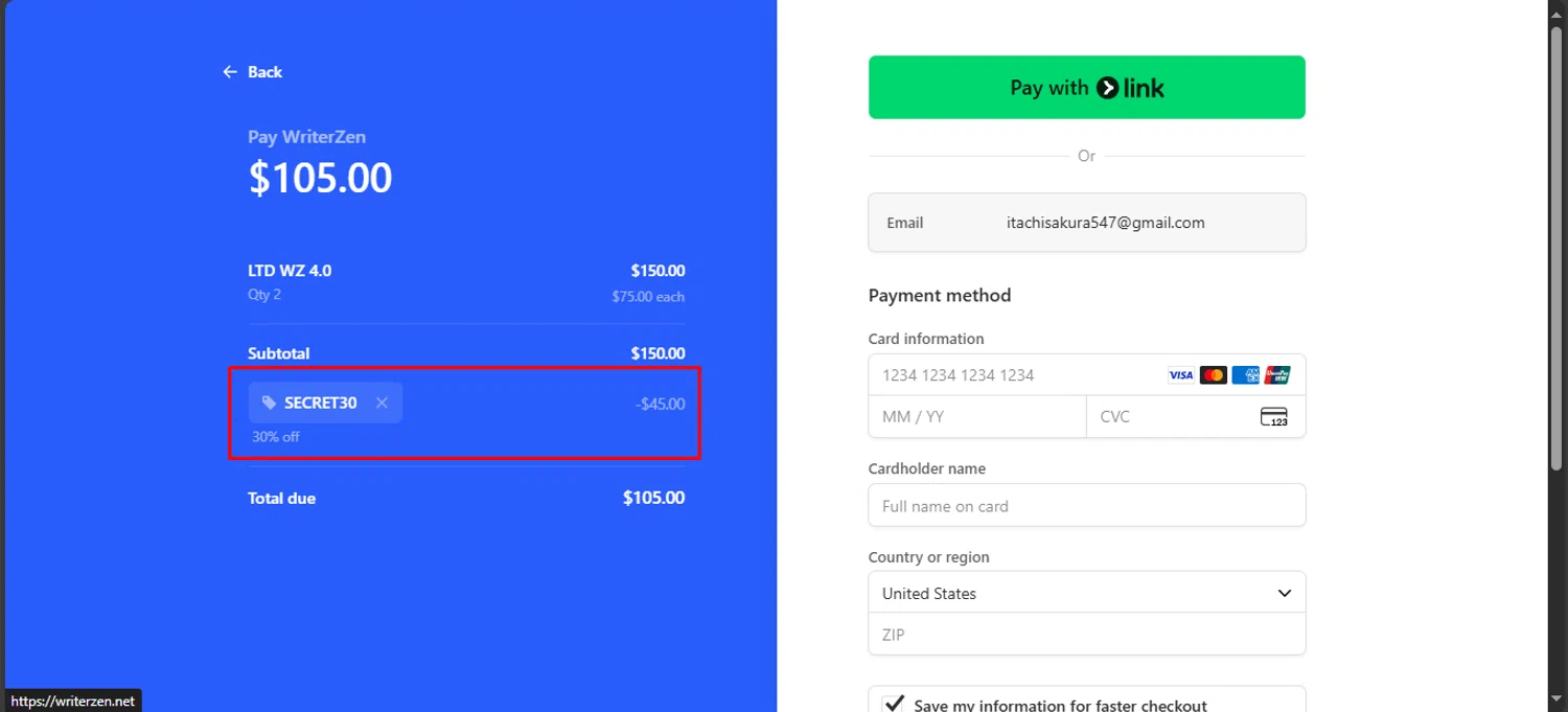 WriterZEN promo code screenshot showing code SECRET30 applied at WriterZEN checkout page. Uploaded by SimplyCodes community member noworries on Sep 23, 2025