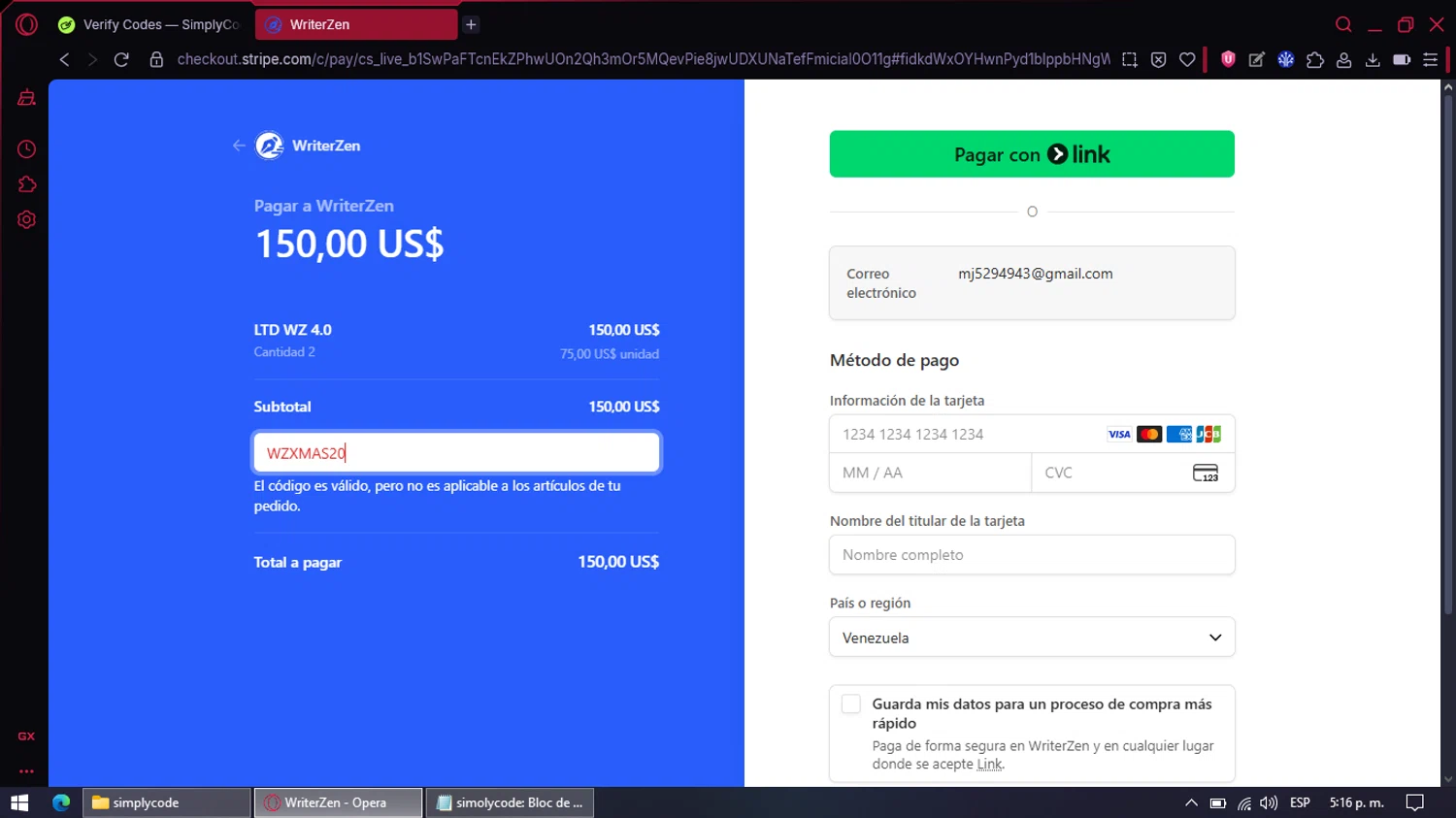 WriterZEN promo code screenshot showing code WZXMAS20 applied at WriterZEN checkout page. Uploaded by SimplyCodes community member CleverMaven2889 on Sep 21, 2025