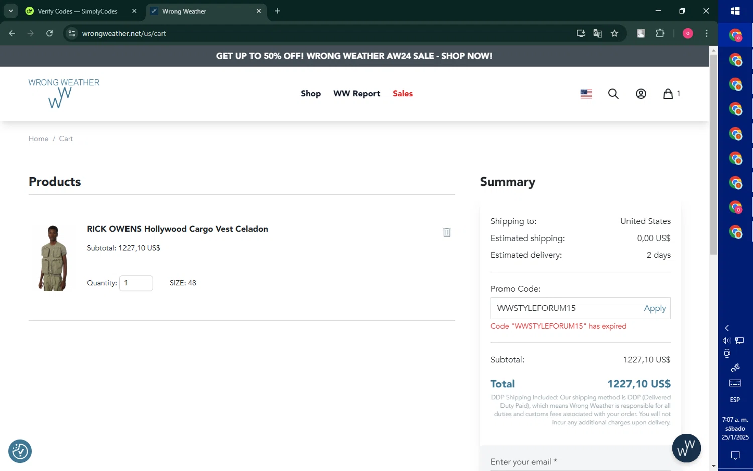 Wrong Weather promo code screenshot showing code WWSTYLEFORUM15 applied at Wrong Weather checkout page. Uploaded by SimplyCodes community member RebateNavigator926 on Jan 25, 2025