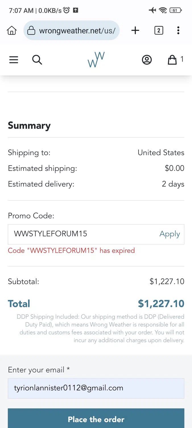 Wrong Weather promo code screenshot showing code WWSTYLEFORUM15 applied at Wrong Weather checkout page. Uploaded by SimplyCodes community member _____________ on Jan 25, 2025