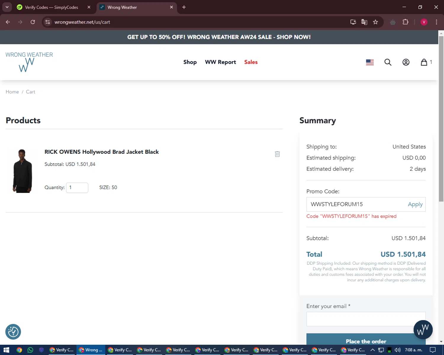 Wrong Weather promo code screenshot showing code WWSTYLEFORUM15 applied at Wrong Weather checkout page. Uploaded by SimplyCodes community member ShieldEagle6102 on Jan 25, 2025