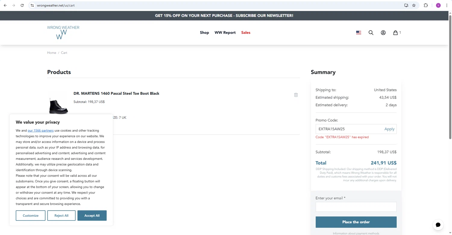 Wrong Weather checkout page showing Wrong Weather promo code box | Screenshot taken by SimplyCodes community member on Feb 21, 2026