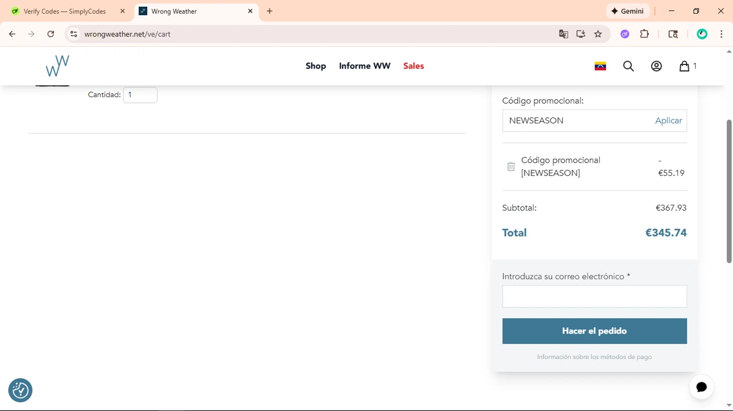 Wrong Weather promo code screenshot showing code NEWSEASON applied at Wrong Weather checkout page. Uploaded by SimplyCodes community member ShieldLegend9691 on Jan 31, 2026