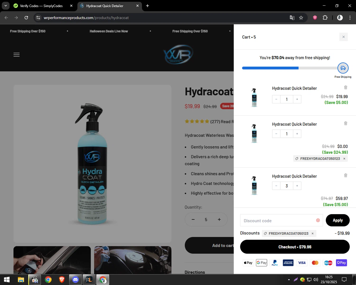 WR Performance Products discount code screenshot showing code FREEHYDRACOAT050123 applied at WR Performance Products checkout page. Uploaded by SimplyCodes community member CleverSentinel9441 on Oct 23, 2025