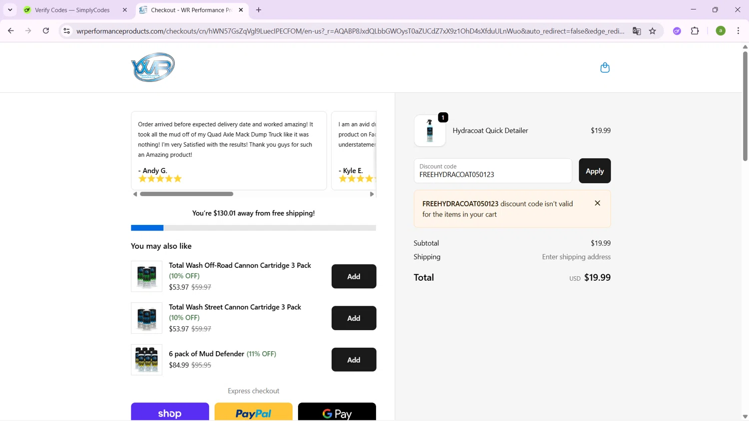 WR Performance Products discount code screenshot showing code FREEHYDRACOAT050123 applied at WR Performance Products checkout page. Uploaded by SimplyCodes community member SavingsHero9122 on Nov 10, 2025