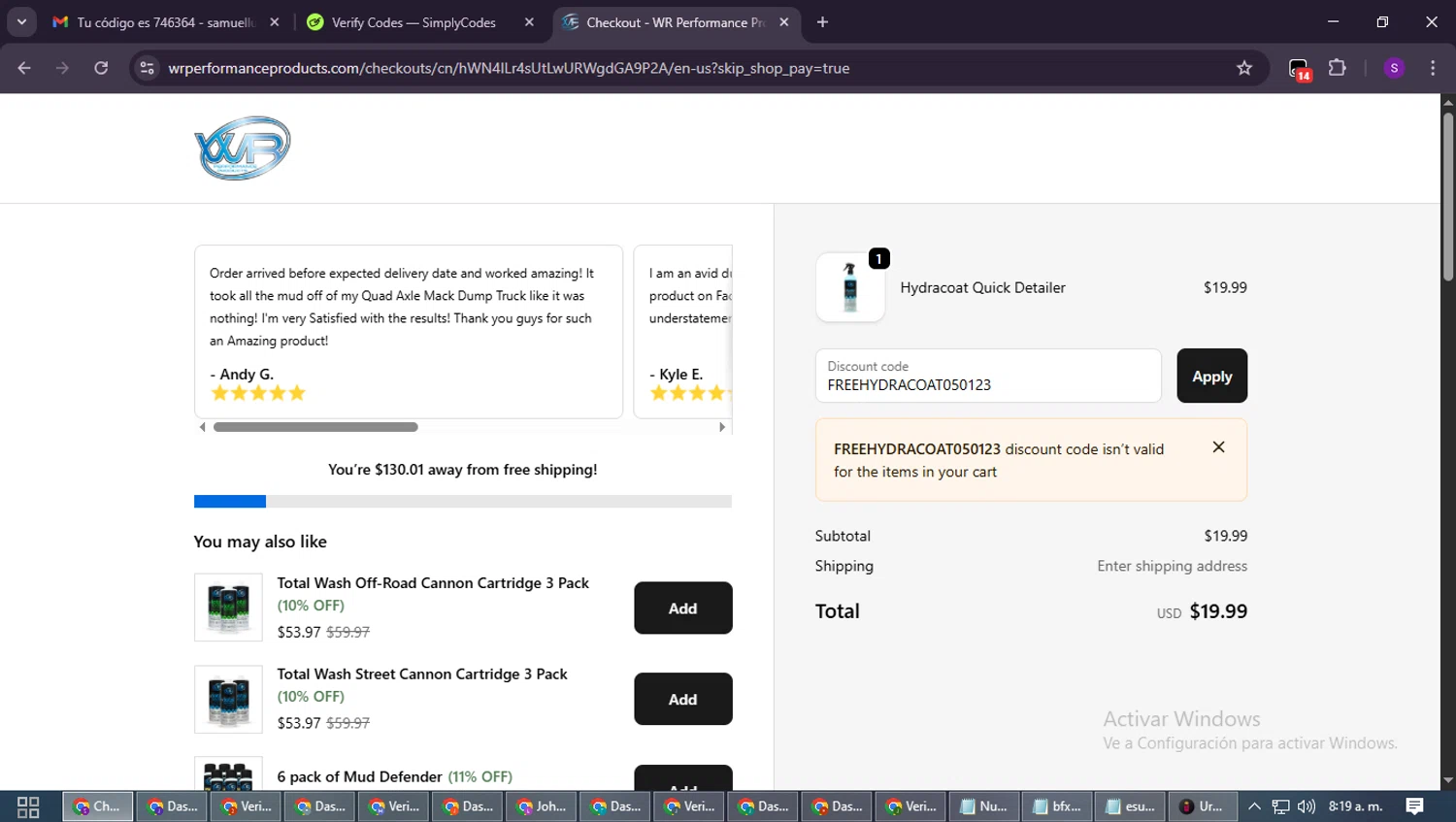 WR Performance Products discount code screenshot showing code FREEHYDRACOAT050123 applied at WR Performance Products checkout page. Uploaded by SimplyCodes community member ShieldWarden7838 on Oct 19, 2025