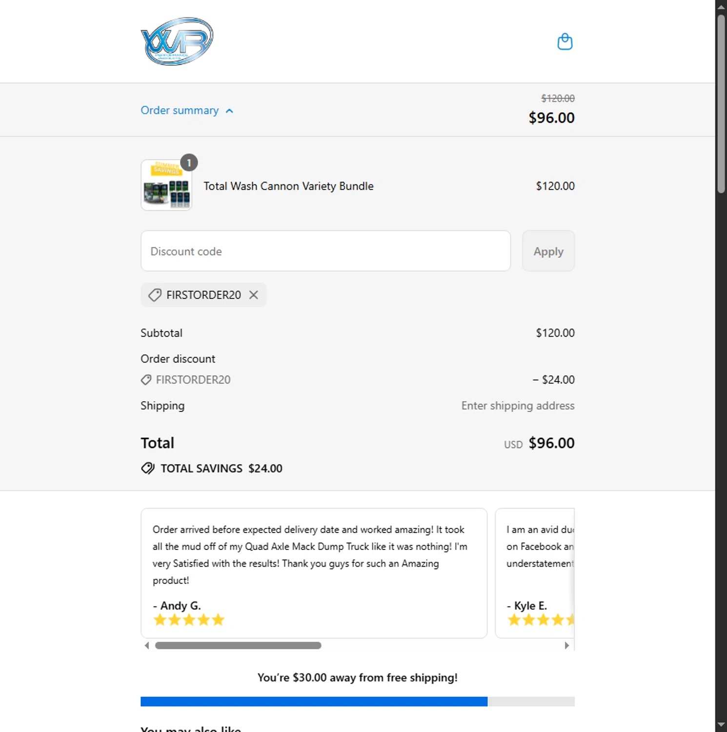WR Performance Products discount code screenshot showing code FIRSTORDER20 applied at WR Performance Products checkout page. Uploaded by SimplyCodes community member Leannysv7lla on Aug 23, 2025