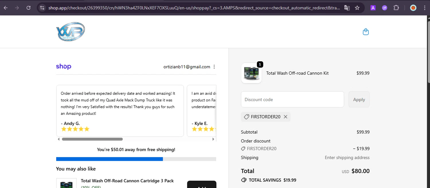 WR Performance Products discount code screenshot showing code FIRSTORDER20 applied at WR Performance Products checkout page. Uploaded by SimplyCodes community member PrimeSentinel5869 on Oct 3, 2025