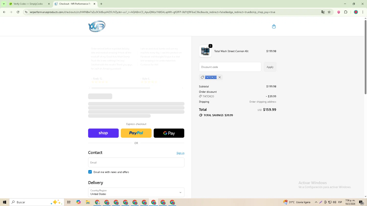 WR Performance Products checkout page showing WR Performance Products discount code box | Screenshot taken by SimplyCodes community member on Feb 18, 2026