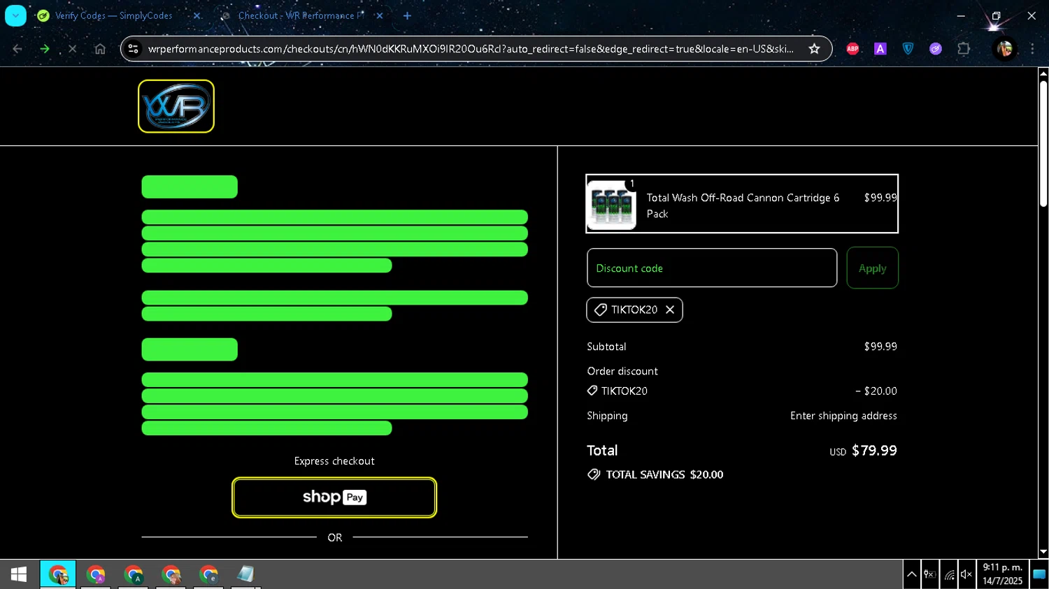WR Performance Products discount code screenshot showing code TIKTOK20 applied at WR Performance Products checkout page. Uploaded by SimplyCodes community member Simplycodes_ on Jul 15, 2025