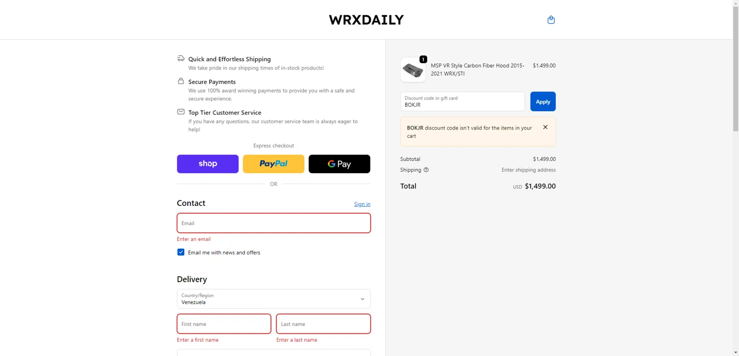 WRXDaily discount code screenshot showing code BOKJR applied at WRXDaily checkout page. Uploaded by SimplyCodes community member BrilliantRanger9984 on Nov 30, 2025