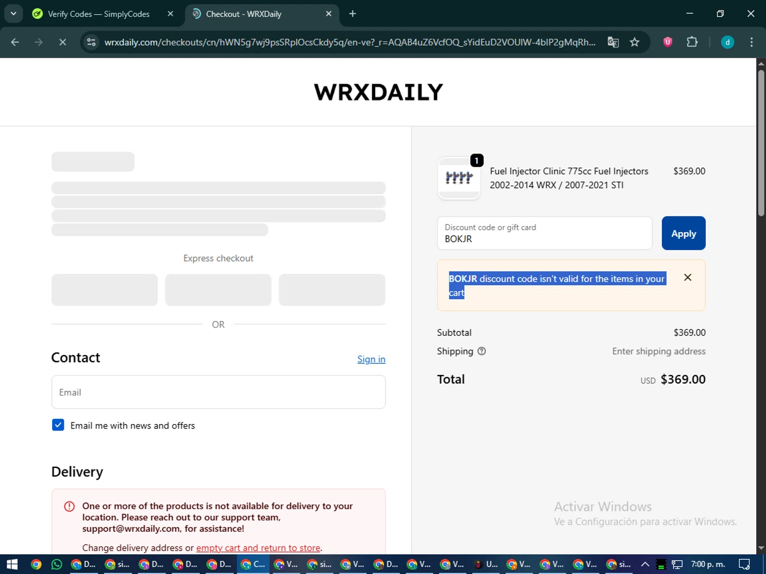 WRXDaily discount code screenshot showing code BOKJR applied at WRXDaily checkout page. Uploaded by SimplyCodes community member CodeMaverick5767 on Nov 24, 2025