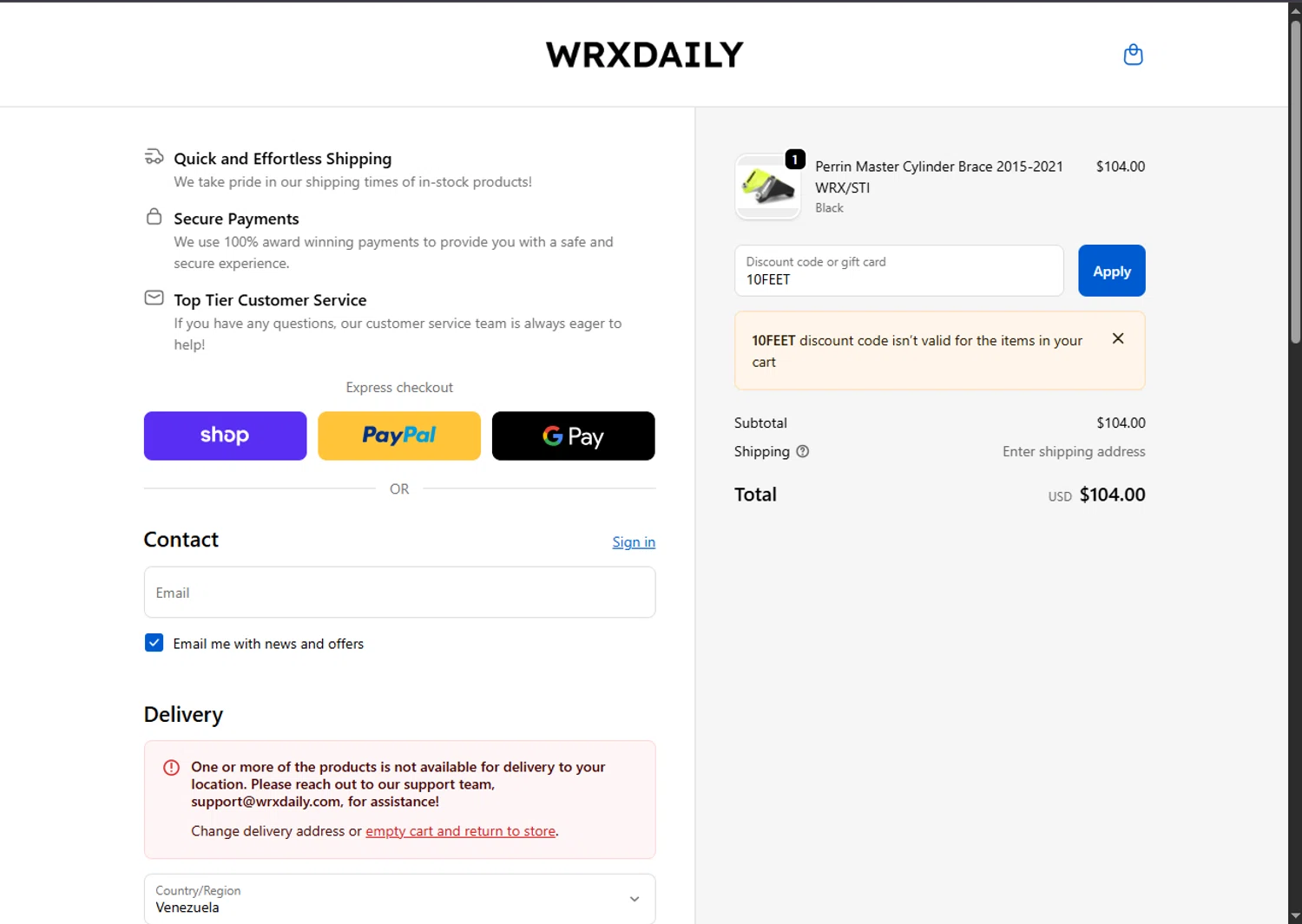 WRXDaily discount code screenshot showing code 10FEET applied at WRXDaily checkout page. Uploaded by SimplyCodes community member BargainSaver8204 on Nov 30, 2025