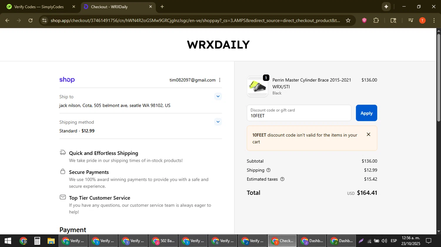 WRXDaily discount code screenshot showing code 10FEET applied at WRXDaily checkout page. Uploaded by SimplyCodes community member ShrewdAce8338 on Oct 23, 2025