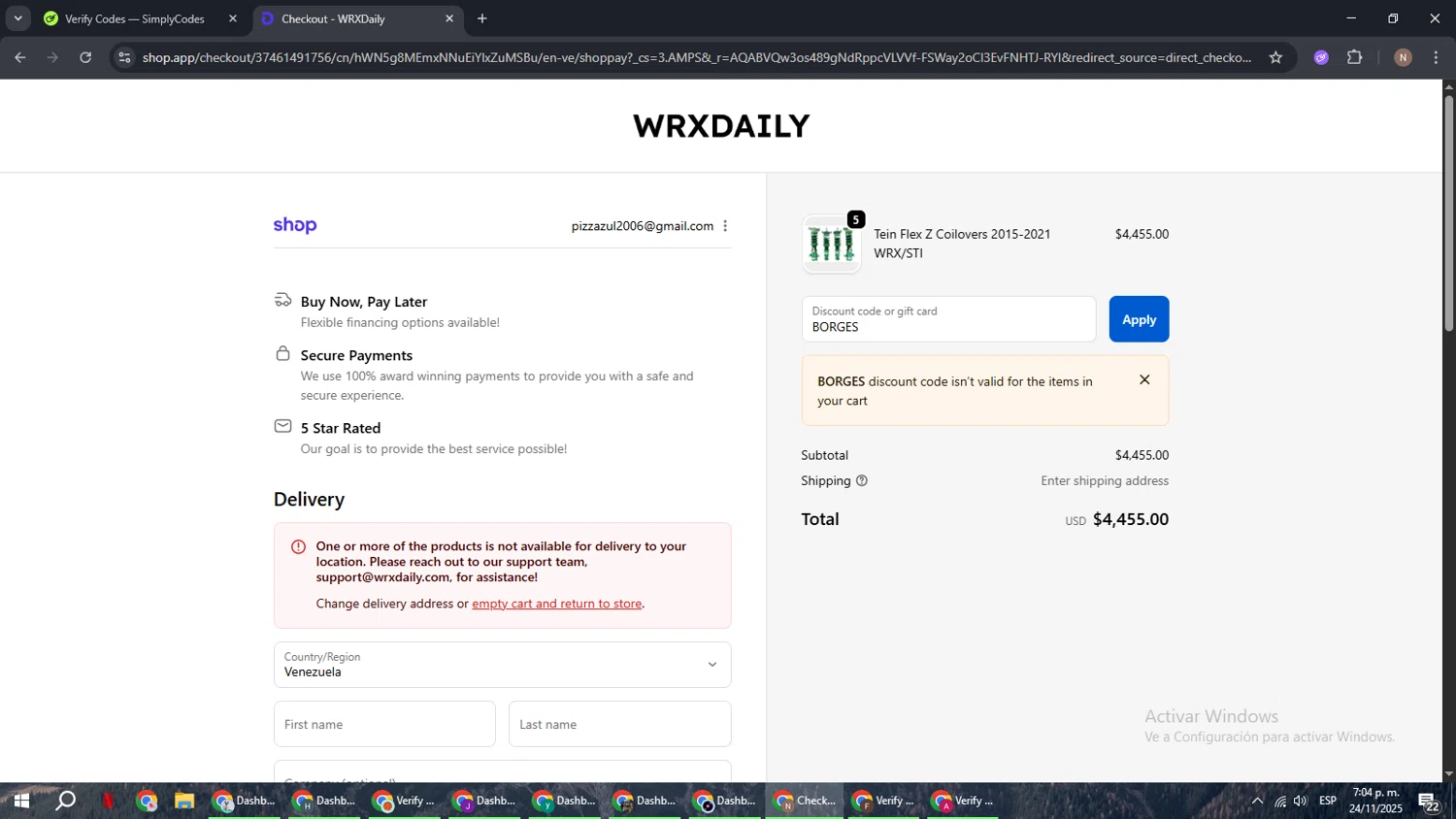 WRXDaily discount code screenshot showing code BORGES applied at WRXDaily checkout page. Uploaded by SimplyCodes community member DiscountPioneer2554 on Nov 24, 2025