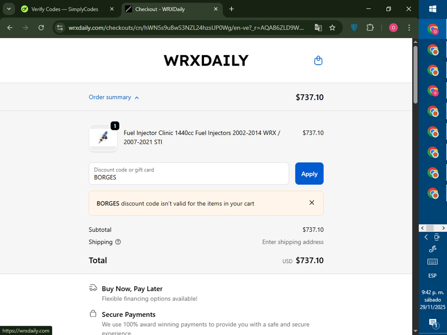 WRXDaily discount code screenshot showing code BORGES applied at WRXDaily checkout page. Uploaded by SimplyCodes community member LegendaryRanger6350 on Nov 30, 2025