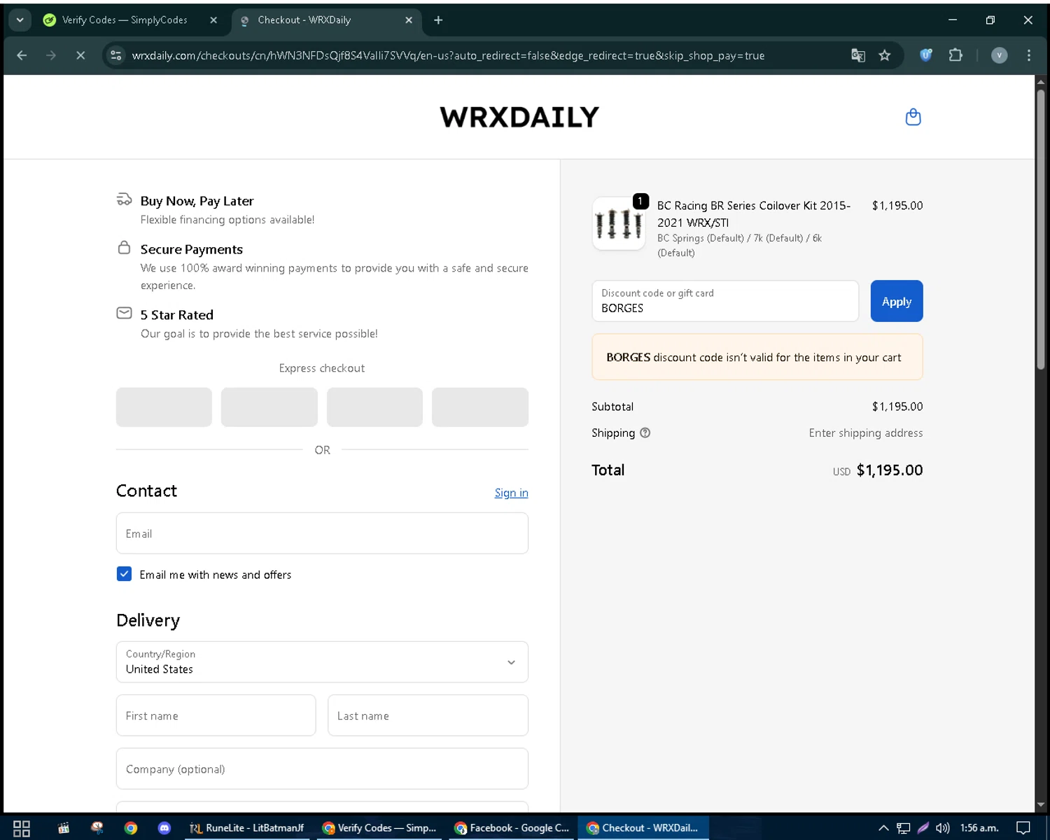 WRXDaily discount code screenshot showing code BORGES applied at WRXDaily checkout page. Uploaded by SimplyCodes community member charmander589 on Sep 25, 2025