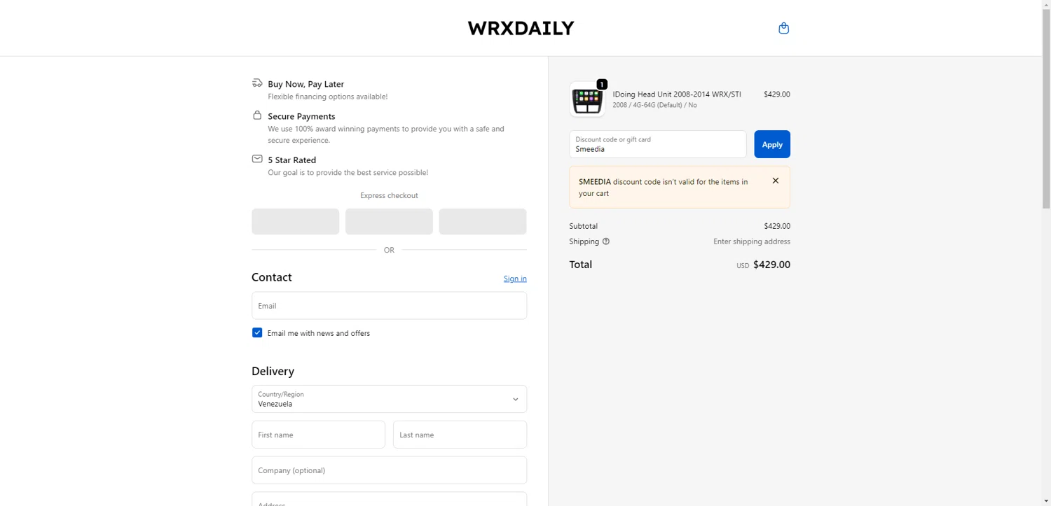 WRXDaily discount code screenshot showing code Smeedia applied at WRXDaily checkout page. Uploaded by SimplyCodes community member NobleMaestro6498 on Dec 11, 2025