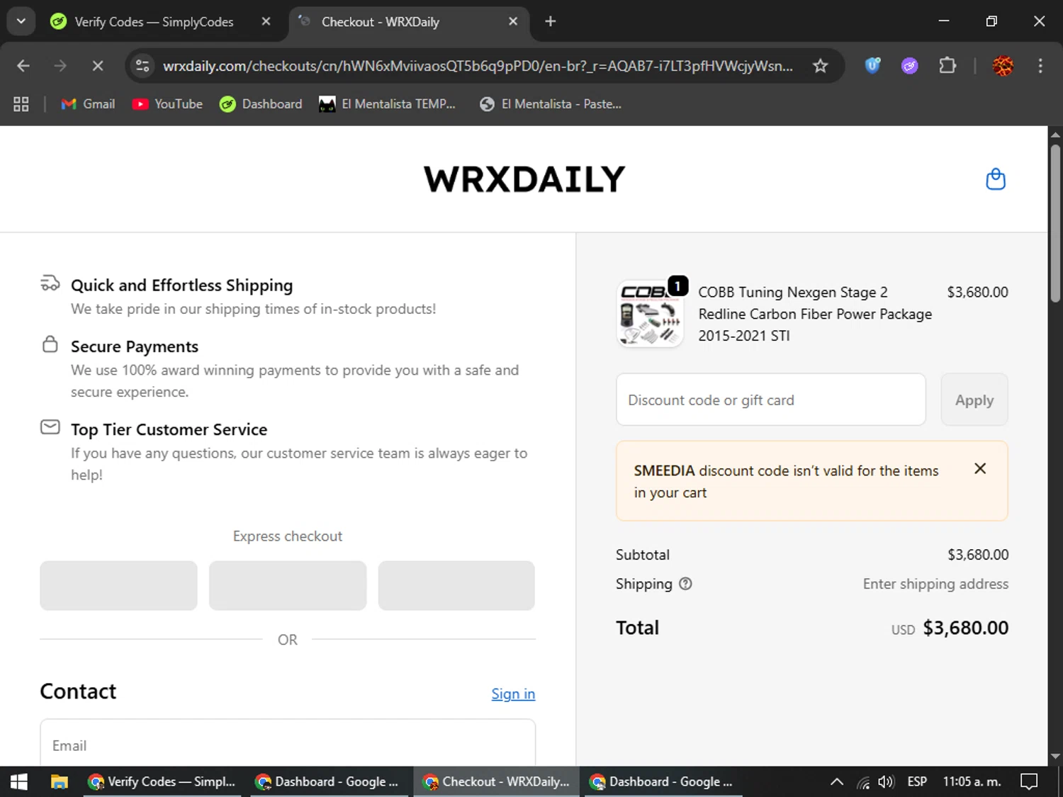 WRXDaily discount code screenshot showing code Smeedia applied at WRXDaily checkout page. Uploaded by SimplyCodes community member Rodolfo on Dec 28, 2025