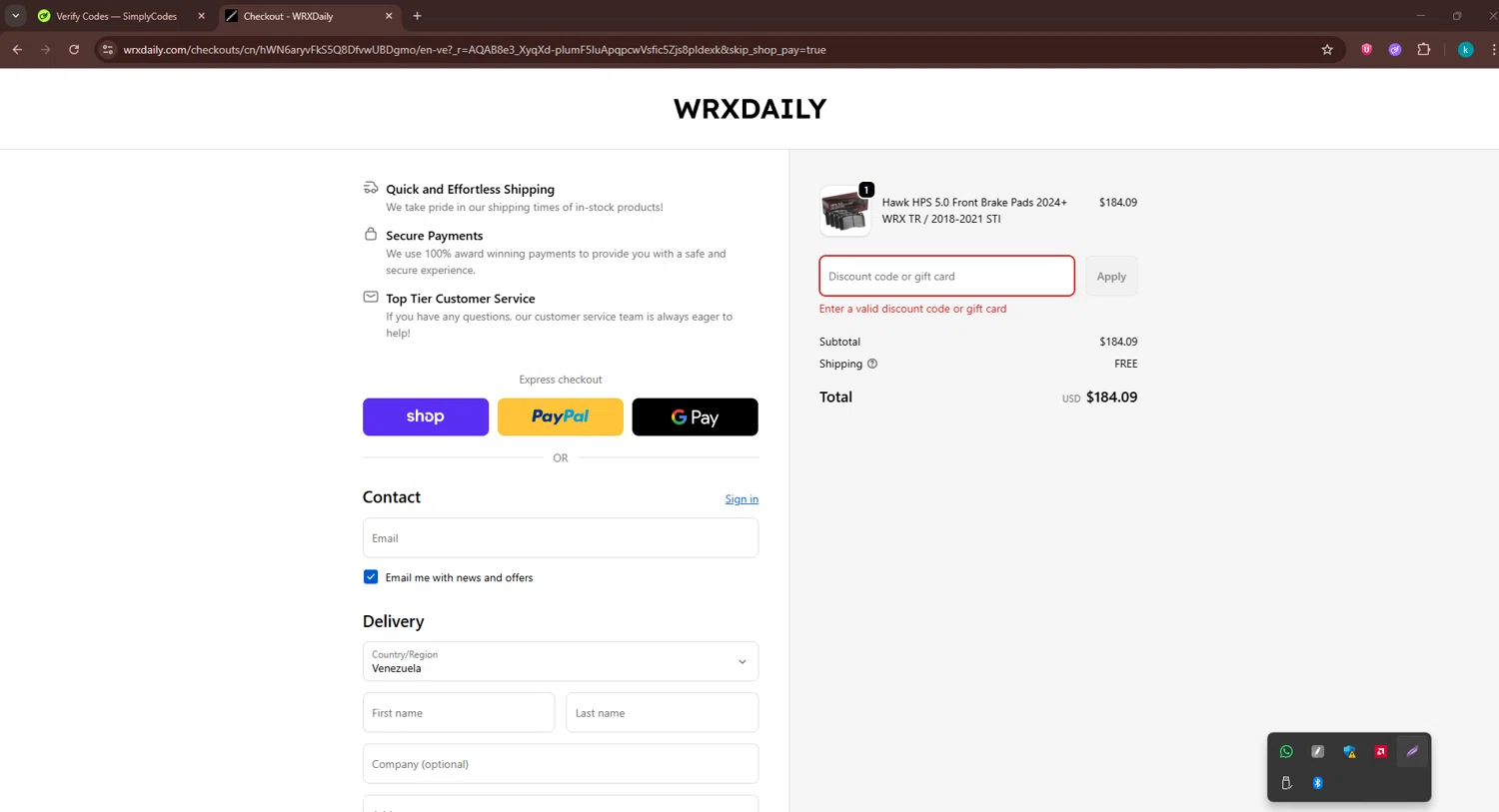 WRXDaily discount code screenshot showing code SHOP30%OFFPERRIN applied at WRXDaily checkout page. Uploaded by SimplyCodes community member RewardKnight9989 on Dec 19, 2025