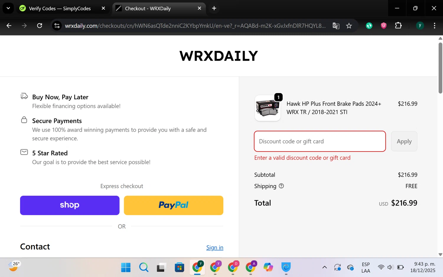 WRXDaily discount code screenshot showing code SHOP30%OFFPERRIN applied at WRXDaily checkout page. Uploaded by SimplyCodes community member chespi on Dec 19, 2025