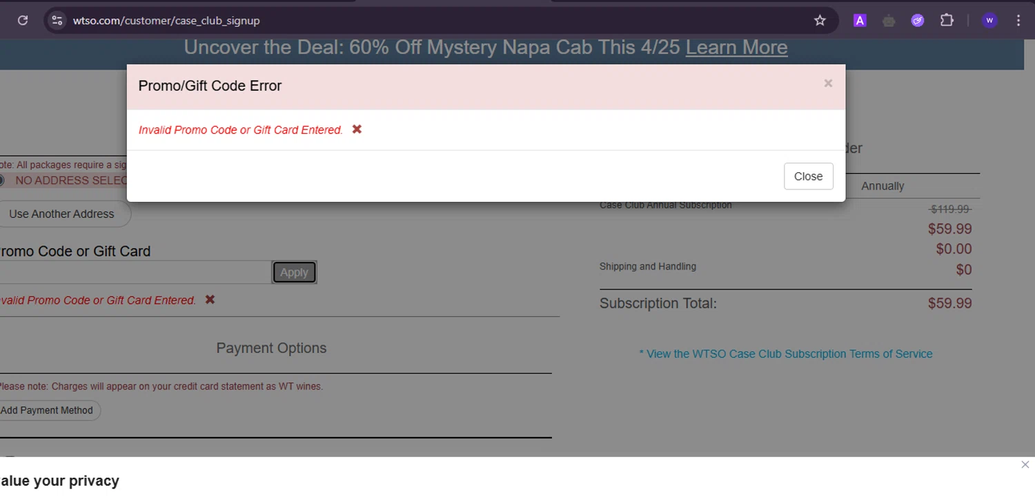 Wtso.com promo code screenshot showing code MarchCASE applied at Wtso.com checkout page. Uploaded by SimplyCodes community member ValiantRanger5812 on Apr 23, 2025