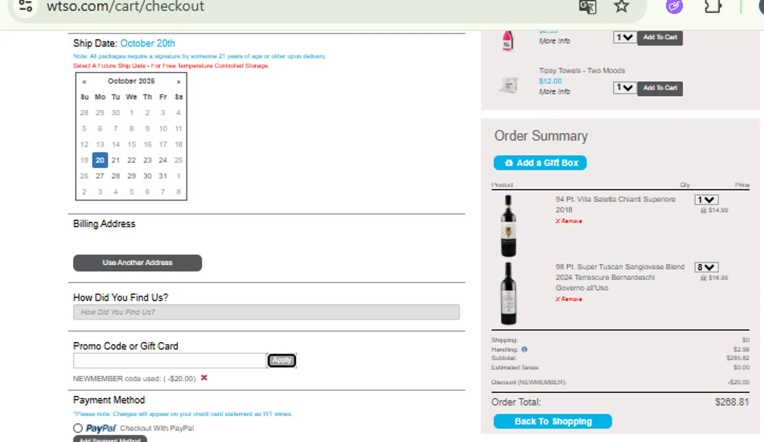 Wtso.com checkout page showing Wtso.com promo code box | Screenshot taken by SimplyCodes community member on Oct 19, 2025