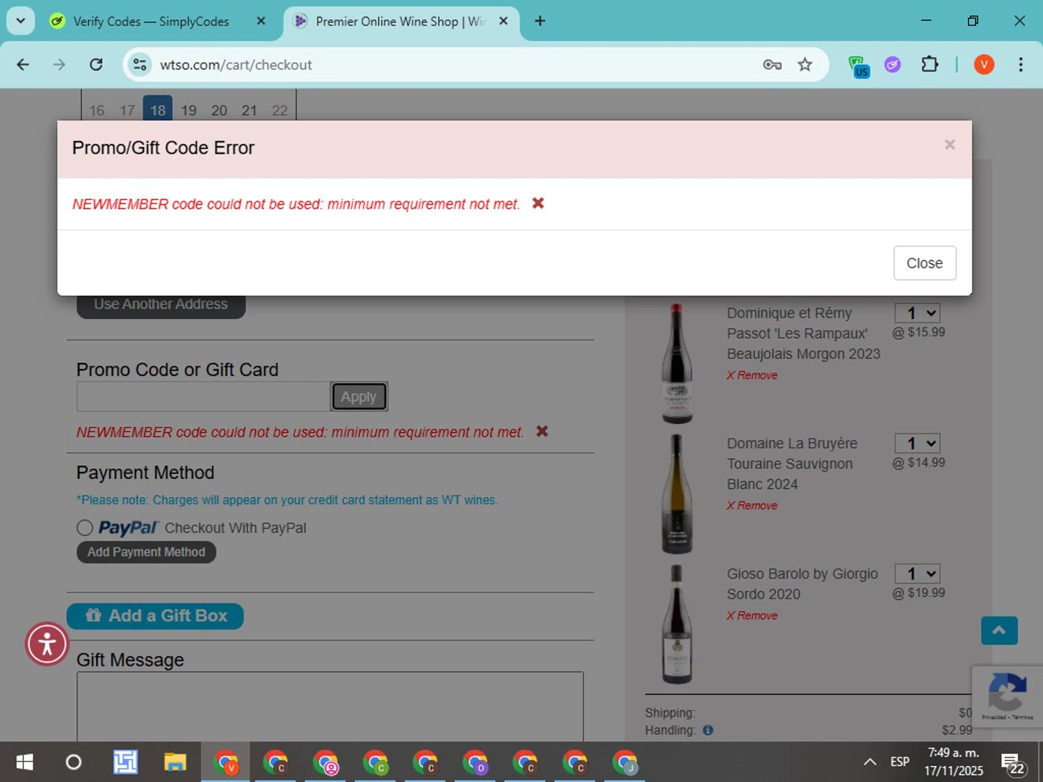 Wtso.com promo code screenshot showing code NEWMEMBER applied at Wtso.com checkout page. Uploaded by SimplyCodes community member CodeMonarch8148 on Nov 17, 2025