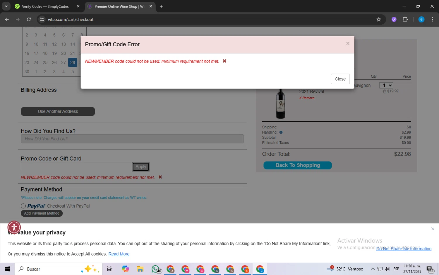 Wtso.com promo code screenshot showing code NEWMEMBER applied at Wtso.com checkout page. Uploaded by SimplyCodes community member FrugalLynx8088 on Nov 27, 2025
