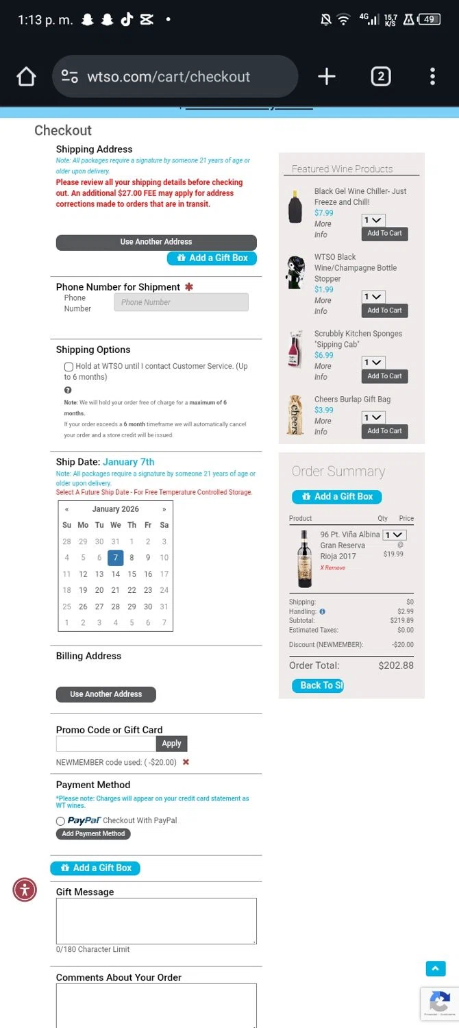 Wtso.com checkout page showing Wtso.com promo code box | Screenshot taken by SimplyCodes community member on Jan 6, 2026