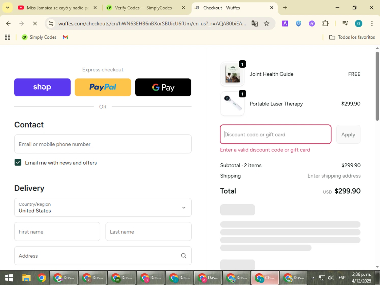 Wuffes discount code screenshot showing code TRYLASER50 applied at Wuffes checkout page. Uploaded by SimplyCodes community member BudgetSeeker9524 on Dec 4, 2025