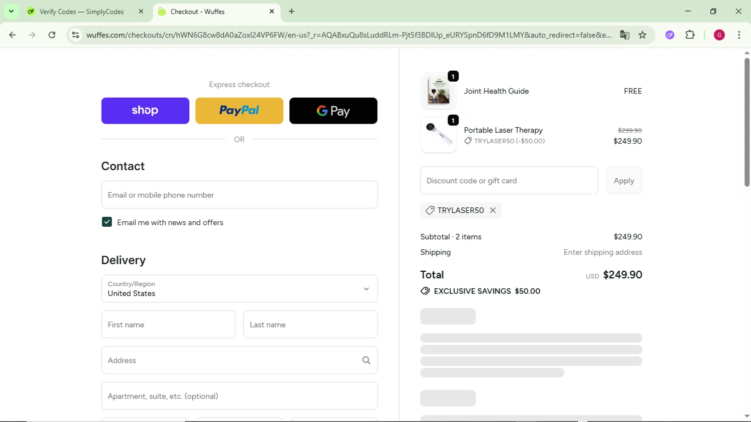 Wuffes discount code screenshot showing code TRYLASER50 applied at Wuffes checkout page. Uploaded by SimplyCodes community member CrownFinder3074 on Dec 10, 2025